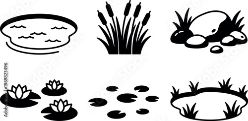 Black and white pond elements with lily pads reeds rocks and water surface vector art