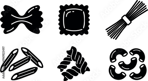 Black silhouette various pasta shapes collection vector art