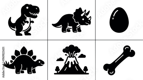 Black and white dinosaur collection with egg volcano and bone vector art
