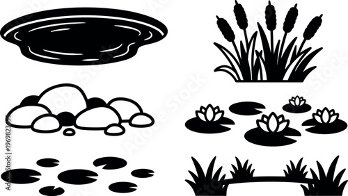 Black and white cattail reeds water lilies pond elements vector art