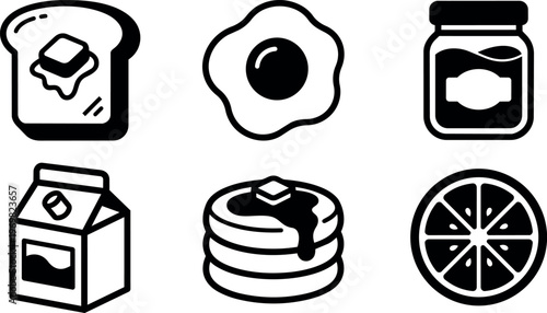 Black and white vector icons of breakfast food and drink items
