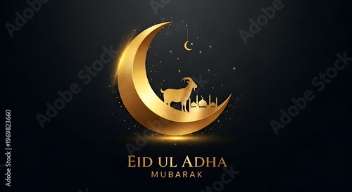 Eid Ul Adha Mubarak Celebration with Golden Crescent Moon and Goat Silhouette on Black Background with Mosque and Starry Night Sky