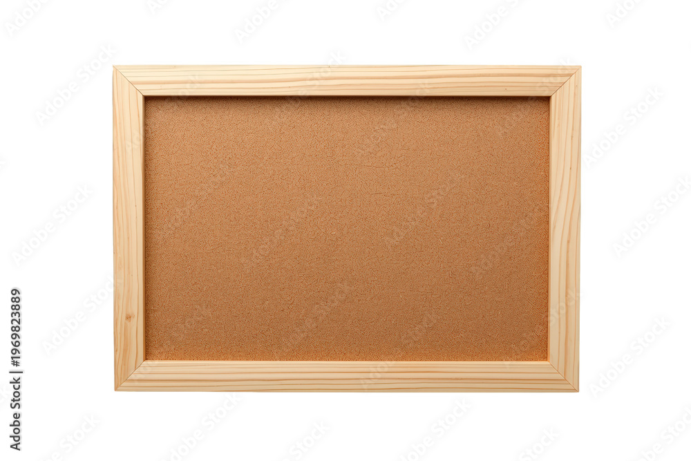Fototapeta premium Empty cork bulletin board with wooden frame, an isolated notice pin board offering blank space for notes and messages on transparent background