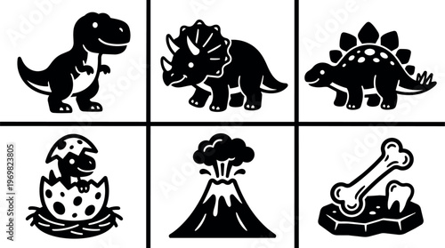 Black and white dinosaur cartoon icons with volcano and fossil bone illustration