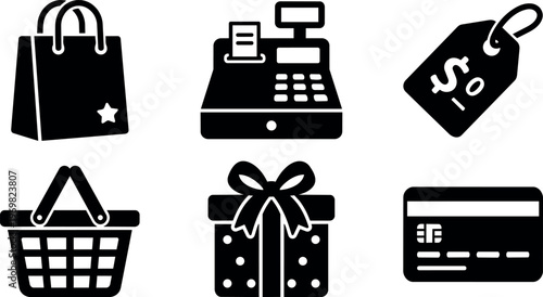 Black shopping bag cash register price tag basket gift box credit card icons vector art