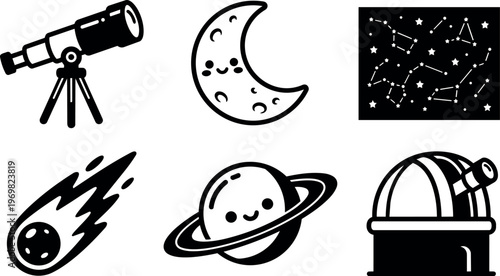 Black and white cute astronomy icons with telescope moon planet meteor constellation and observatory