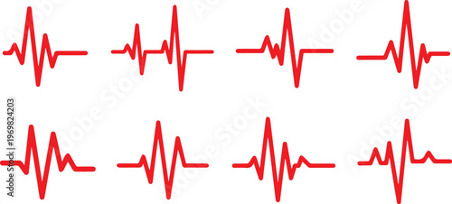Red Heartbeat Pulse EKG Line Icons Set - Medical Cardiology Waveform Vector