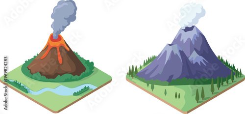Isometric volcano eruption and mountain landscape, natural disaster and nature terrain vector illustration set