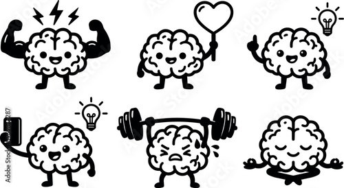 Cartoon brains showing emotions and actions including strength love idea workout and meditation