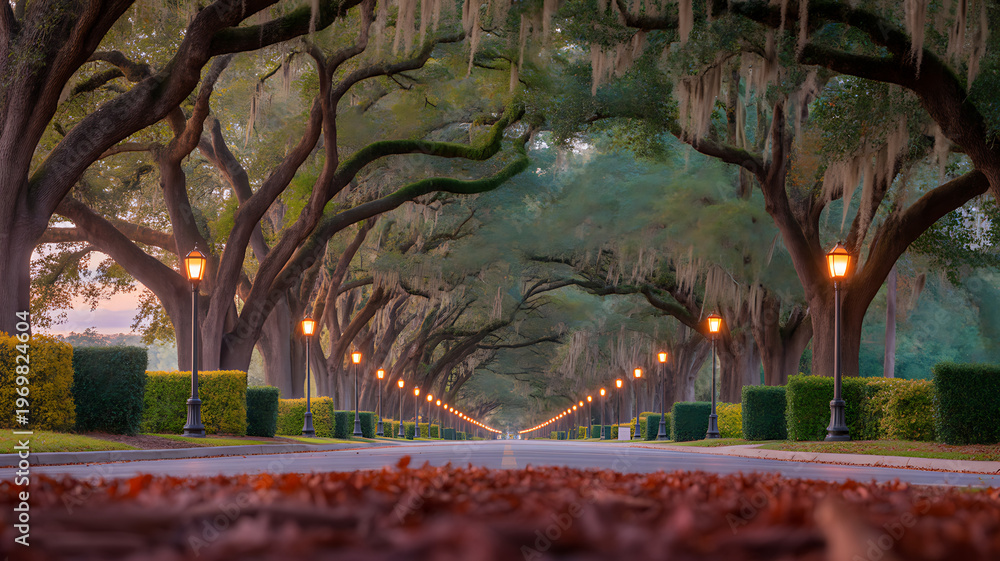 Obraz premium Tree lined avenue with spanish moss and vintage street lamps creating peaceful scenic walkway with natural tunnel view