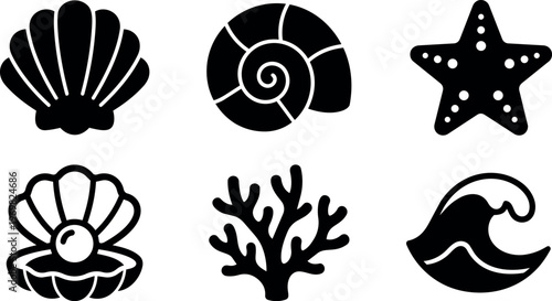 Black and white ocean shell starfish pearl coral and wave icons