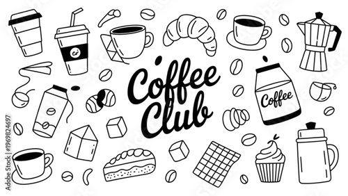 Vintage coffee club illustration featuring cups, coffee beans, and playing cards Vector
