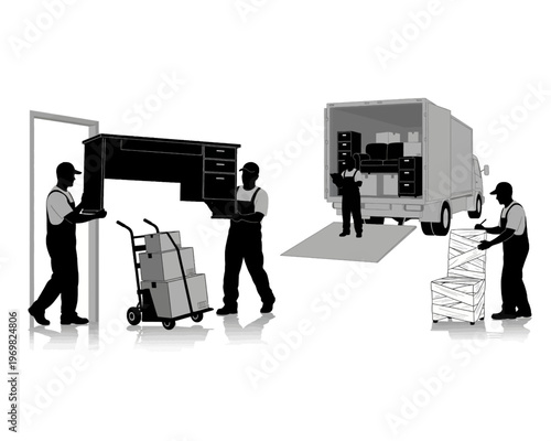 moving day teamwork flat design vector illustration with furniture and boxes