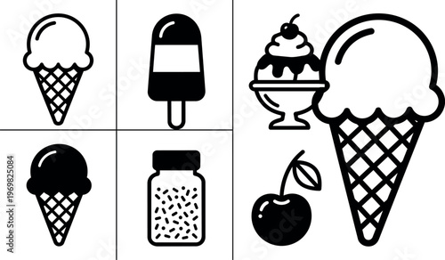 Black and white ice cream cone popsicle sundae cherry and sprinkles vector art