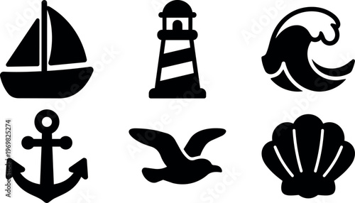 Black and white nautical icons set with sailboat lighthouse wave anchor bird and seashell