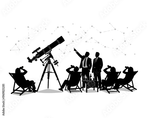 group stargazing with telescope under night sky vector illustration