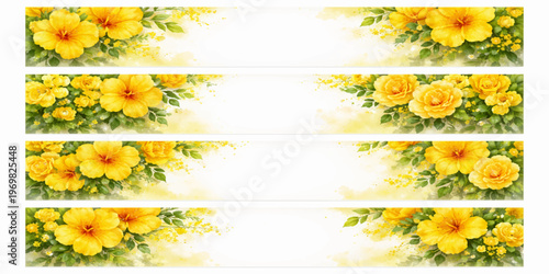 A vibrant nature frame featuring a decorative set of yellow spring flowers and daisies in a floral vector illustration design for a summer blossom banner