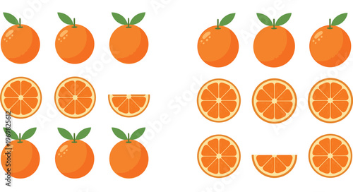 Orange Fruit Icon Set Featuring Whole Fruits with Leaves and Multiple Slice Variations Flat Style Citrus Vector Collection