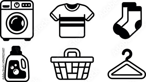 Black and white line art laundry icons including washer shirt socks detergent basket and hanger
