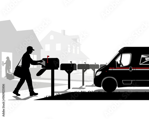 business courier delivering parcel to postal van vector illustration