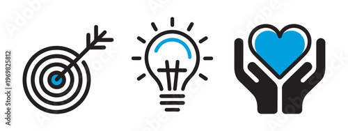 Target arrow hitting bullseye lightbulb and heart held in hands icons.