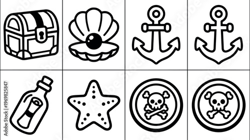 Black and white pirate icons including treasure chest anchor starfish and skull
