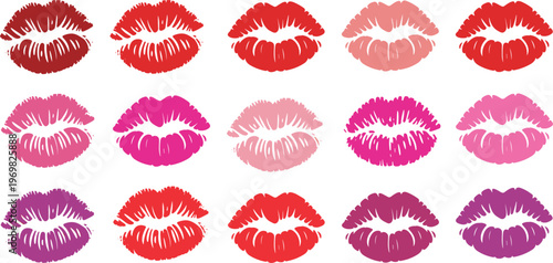Lipstick kiss marks set, colorful lips print icons for beauty fashion makeup design