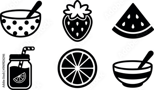 Black and white flat design fruit icons with bowls and jar with straw