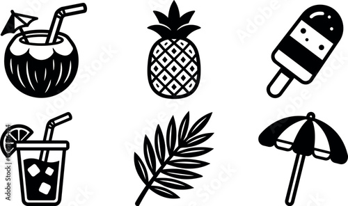 Black and white tropical drinks pineapple palm leaf umbrella and popsicle icons