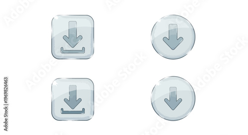 Download button set. Glossy square and round icons with arrow.