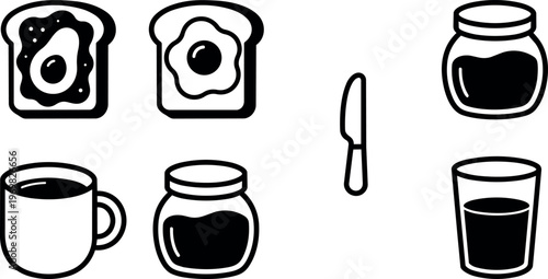 Black and white line art breakfast icons with toast eggs cup and jars