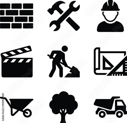 Collection of construction and film making icons in black color