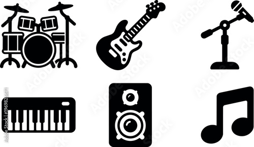 Black music instrument icons drum guitar microphone keyboard speaker note