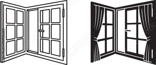 Graphic illustration of an open double-pane window with a hinged door, presented in both outline and silhouette styles, depicting an architectural interior element