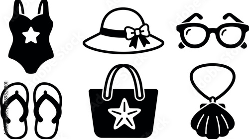Black and white summer accessories swimsuit hat glasses bag and flip flops vector art