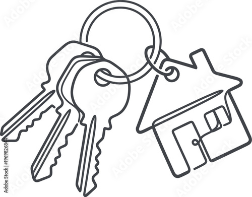 Line drawing of house keys on a keychain with a house shaped fob