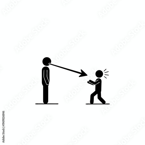 Minimalist stick figure illustration of verbal aggression showing an adult shouting a sharp arrow of words at a shocked child.