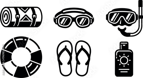 Black and white flat design beach gear icons including snorkel and flip flops