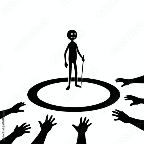 Minimalist silhouette illustration of a smiling person standing inside a protective circle with reaching hands outside representing personal boundaries.