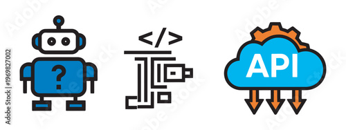 Robot API and coding icons blue black orange vector set.