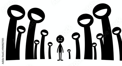 Minimalist line art illustration of a small sad character overwhelmed by giant looming shadowy figures representing social pressure and judgement.