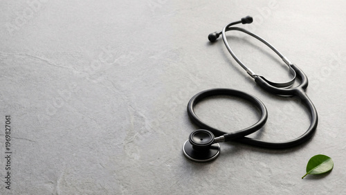 Black stethoscope on grey minimalist textured background with copy space.