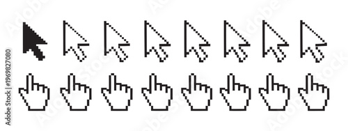 Pixel cursor arrow and hand icons set black white vector.