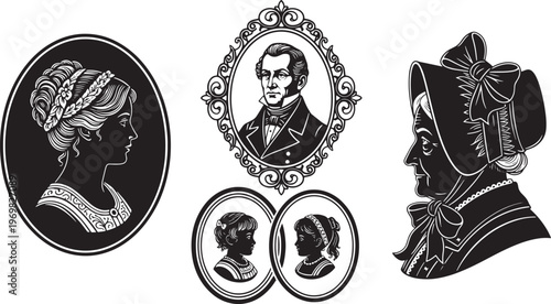 Elegant collection of vintage black and white silhouette portraits, featuring distinguished men, graceful women, and charming children in classic ornate frames