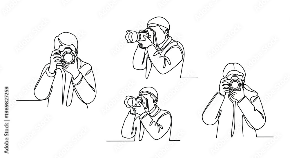 Naklejka premium Line art illustration depicting a photographer in various poses