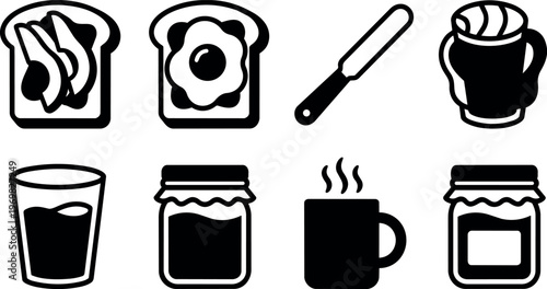 Black and white breakfast icons with toast egg avocado coffee and jam jars