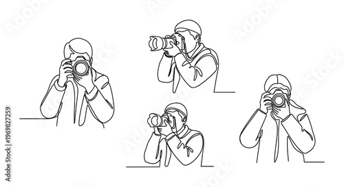 Line art illustration depicting a photographer in various poses