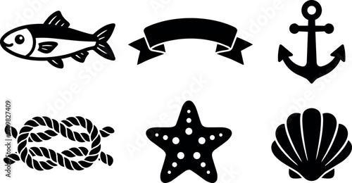Black and white marine icons fish anchor rope starfish shell flat design