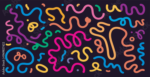 Abstract colorful wavy lines pattern with organic neon doodle shapes on dark backdrop.