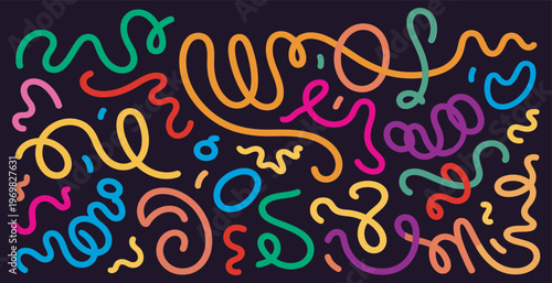 Vibrant doodle art background featuring tangled neon curves and playful organic shapes.